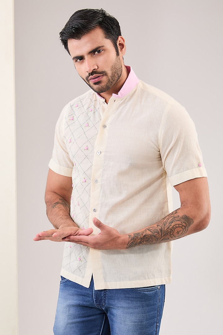 Ivory Cotton Khadi Hand Embroidered Shirt by VAANI BESWAL MEN