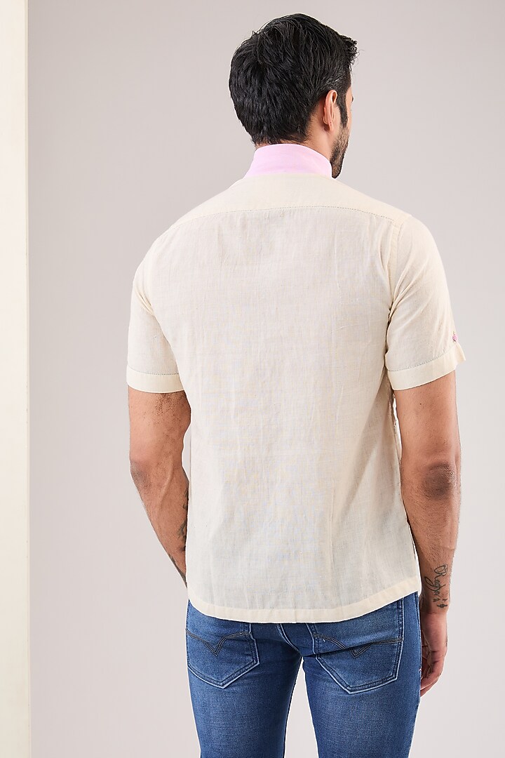 Ivory Cotton Khadi Hand Embroidered Party Wear Shirt by VAANI BESWAL MEN at Pernia's Pop Up Shop