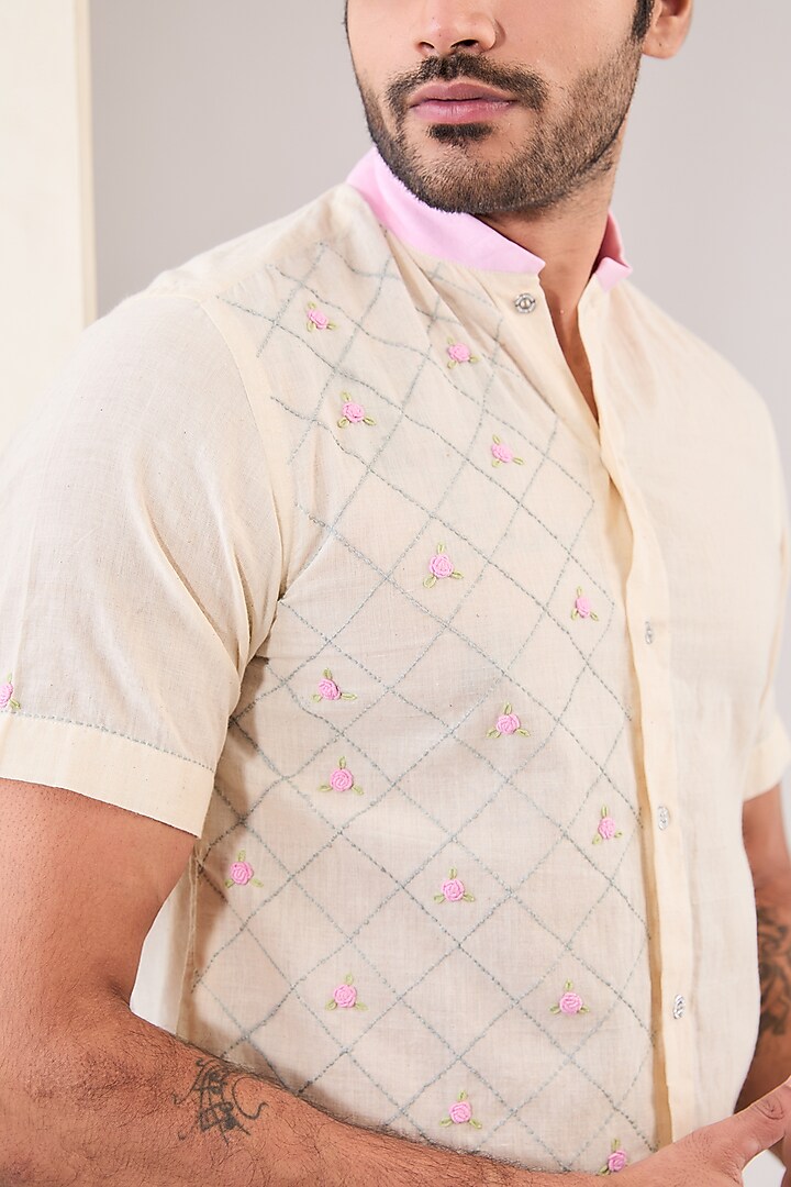 Ivory Cotton Khadi Hand Embroidered Party Wear Shirt by VAANI BESWAL MEN at Pernia's Pop Up Shop