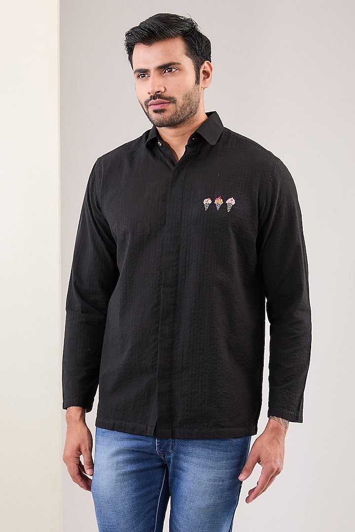 Black Seersucker Hand Embroidered Shirt by VAANI BESWAL MEN