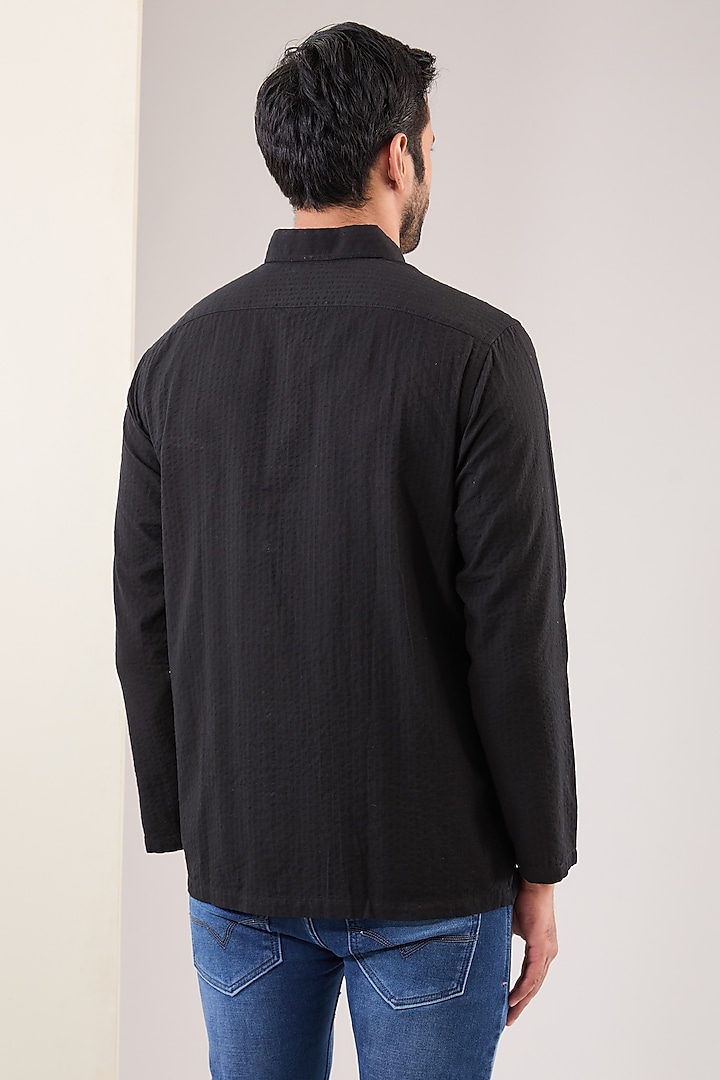 Black Seersucker Hand Embroidered Party Wear Shirt by VAANI BESWAL MEN at Pernia's Pop Up Shop