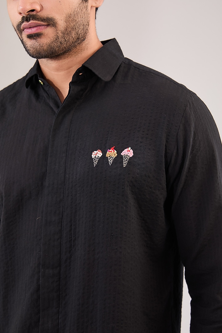 Black Seersucker Hand Embroidered Party Wear Shirt by VAANI BESWAL MEN at Pernia's Pop Up Shop