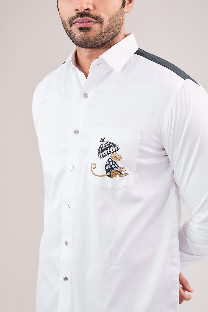White Cotton Hand Embroidered Party Wear Shirt by VAANI BESWAL MEN at Pernia's Pop Up Shop