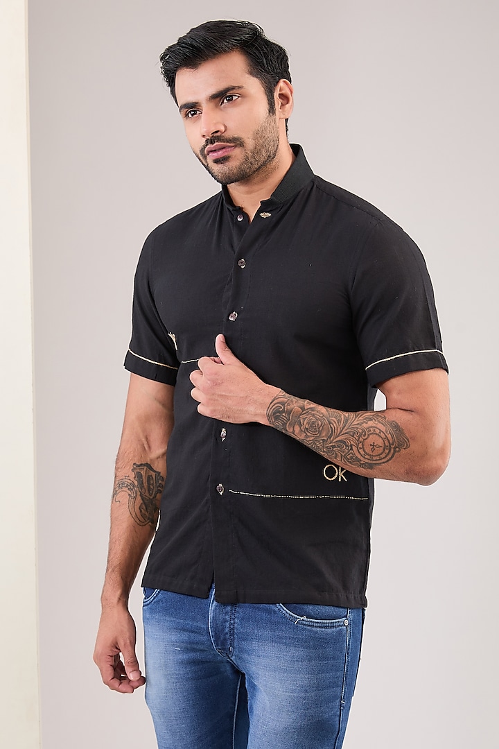 Black Cotton Khadi Hand Embroidered Shirt by VAANI BESWAL MEN