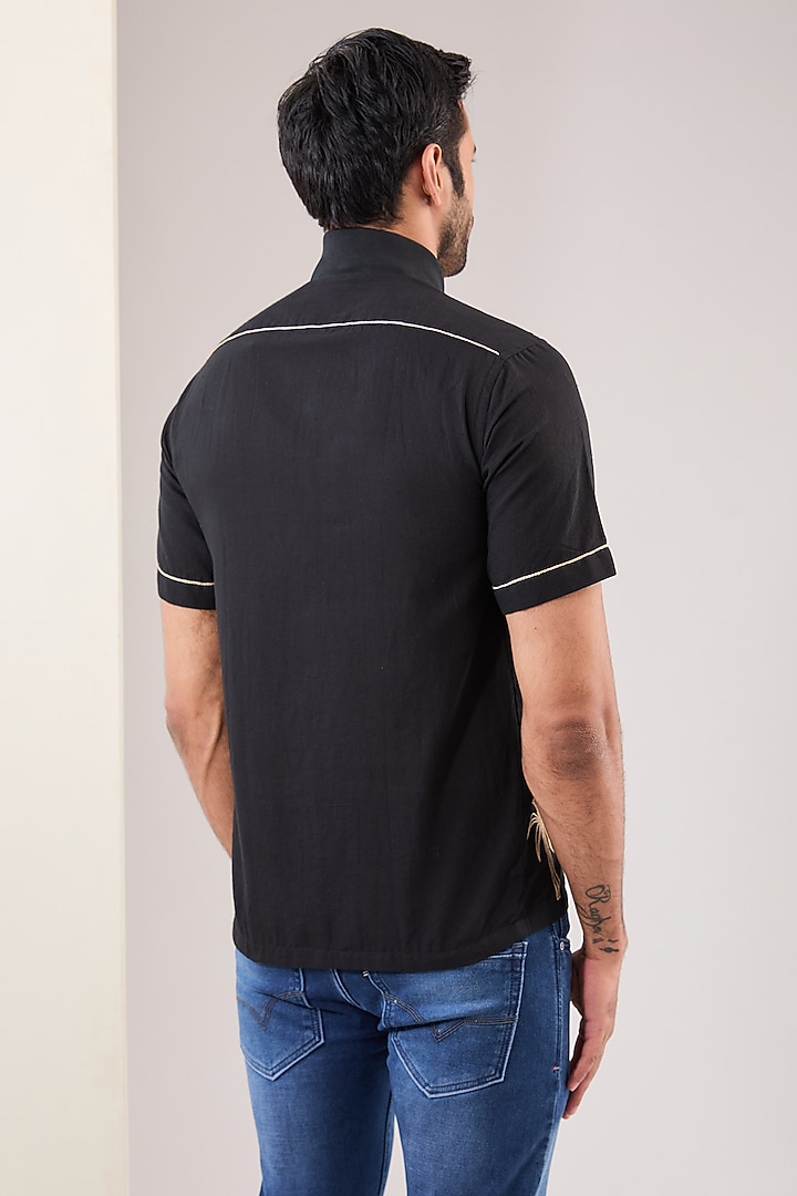 Black Cotton Khadi Hand Embroidered Party Wear Shirt by VAANI BESWAL MEN at Pernia's Pop Up Shop