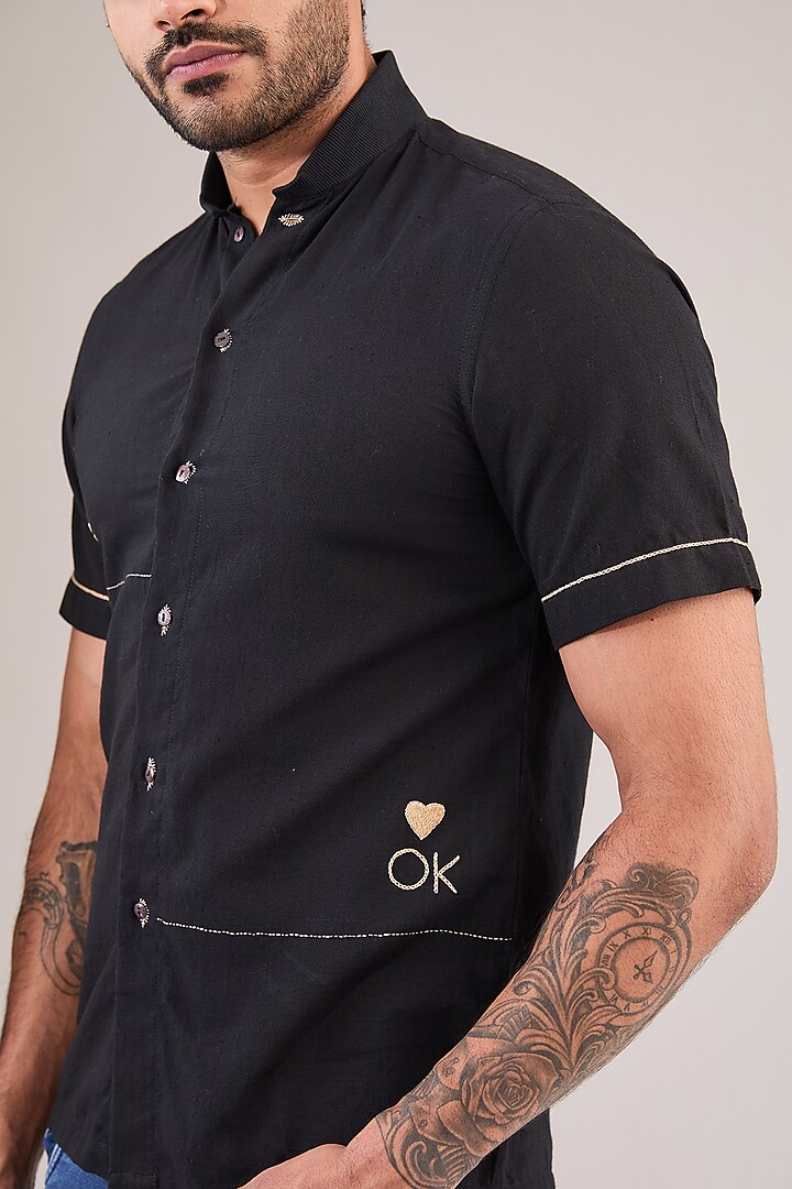 Black Cotton Khadi Hand Embroidered Party Wear Shirt by VAANI BESWAL MEN at Pernia's Pop Up Shop