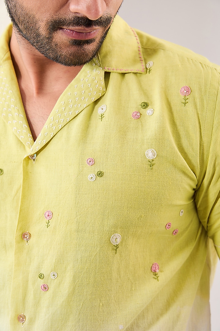 Ivory Cotton Hand Embroidered Party Wear Shirt by VAANI BESWAL MEN at Pernia's Pop Up Shop
