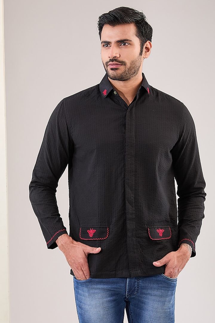 Black Seersucker Hand Embroidered Shirt by VAANI BESWAL MEN