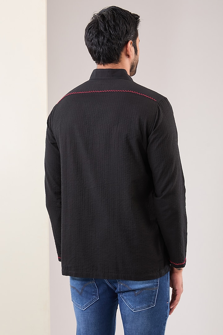 Black Seersucker Hand Embroidered Party Wear Shirt by VAANI BESWAL MEN at Pernia's Pop Up Shop