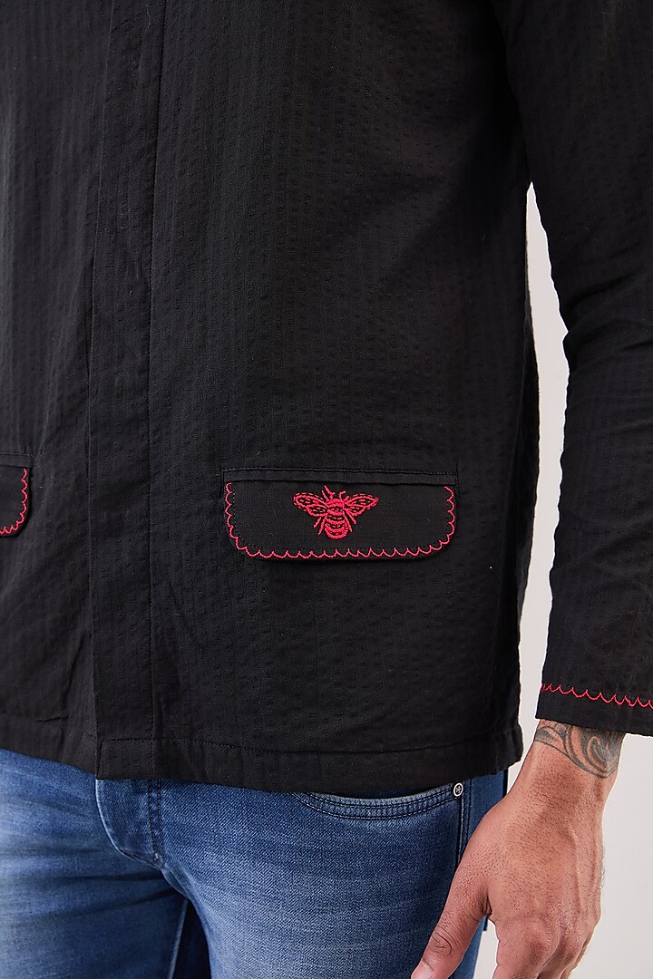 Black Seersucker Hand Embroidered Party Wear Shirt by VAANI BESWAL MEN at Pernia's Pop Up Shop