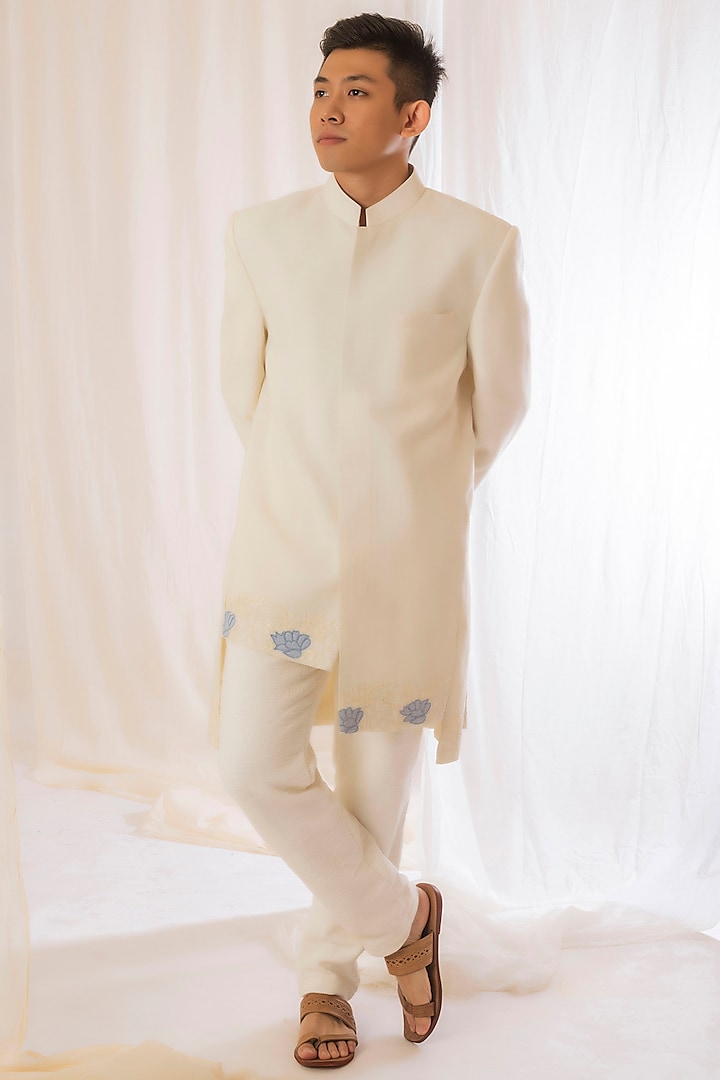 Off-White Embroidered Coat by VAANI BESWAL MEN