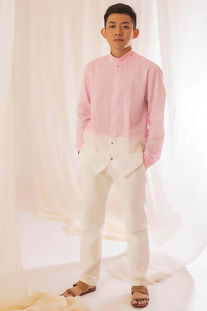 Pink & White Handwoven Cotton Stripe Shirt by VAANI BESWAL MEN