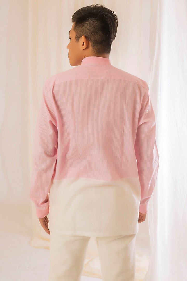 Pink & White Handwoven Cotton Stripe Party Wear Shirt by VAANI BESWAL MEN at Pernia's Pop Up Shop