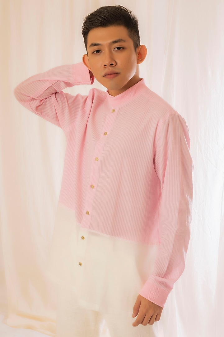 Pink & White Handwoven Cotton Stripe Party Wear Shirt by VAANI BESWAL MEN at Pernia's Pop Up Shop