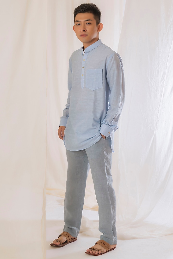 Blue Handwoven Linen Pants by VAANI BESWAL MEN