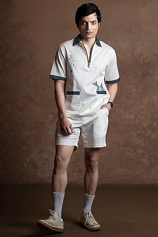 White Cotton Embroidered Co-Ord Set by VAANI BESWAL MEN