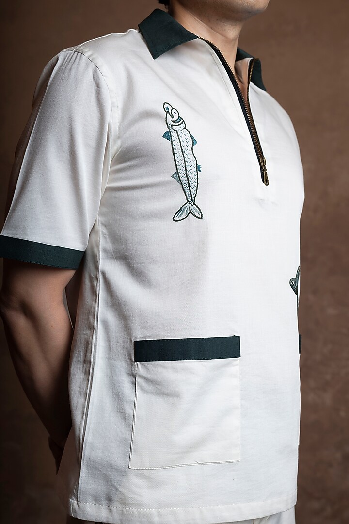 White Cotton Embroidered Co-Ord Set by VAANI BESWAL MEN at Pernia's Pop Up Shop