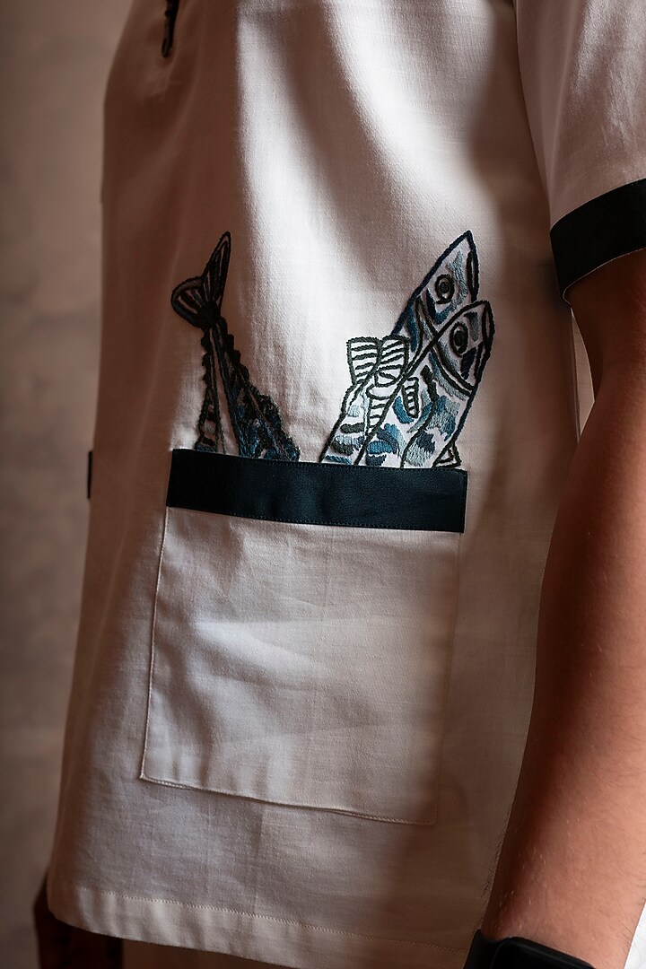 White Cotton Embroidered Co-Ord Set by VAANI BESWAL MEN at Pernia's Pop Up Shop