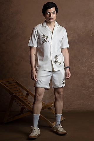 White Cotton Embroidered Co-Ord Set by VAANI BESWAL MEN