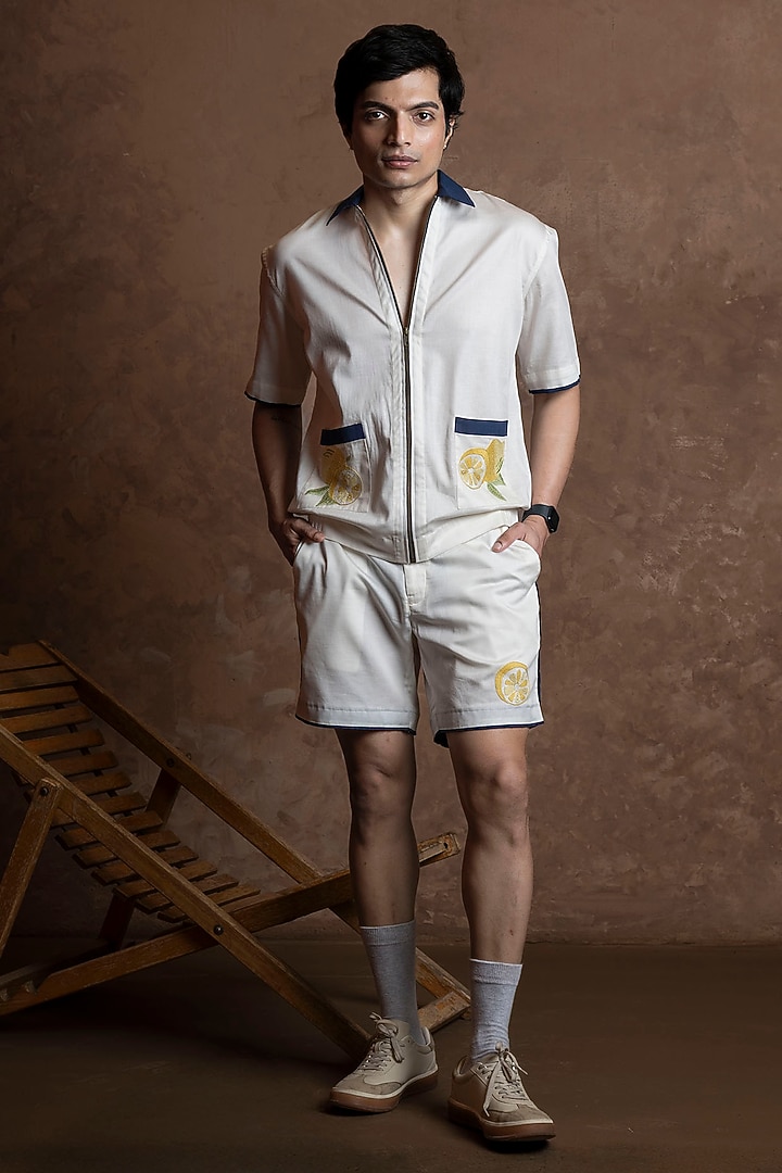 White Cotton Embroidered Co-Ord Set by VAANI BESWAL MEN at Pernia's Pop Up Shop
