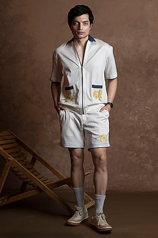 White Cotton Embroidered Co-Ord Set by VAANI BESWAL MEN
