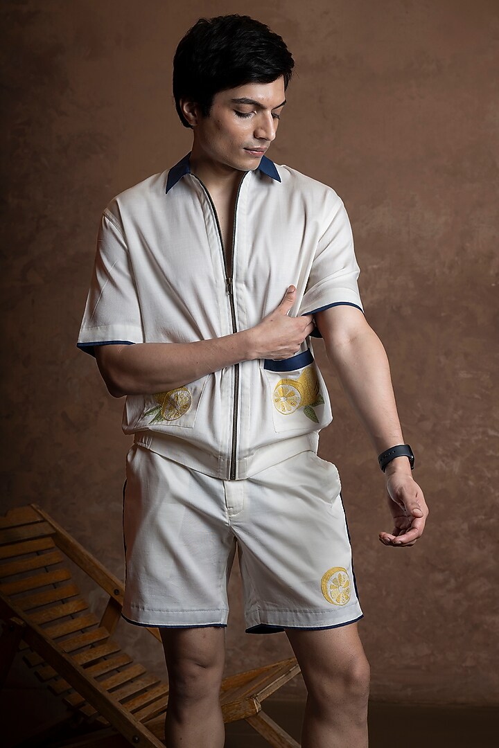 White Cotton Embroidered Co-Ord Set by VAANI BESWAL MEN at Pernia's Pop Up Shop