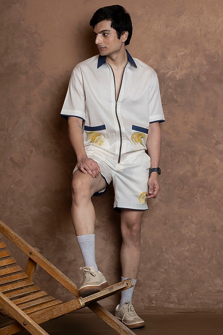 White Cotton Embroidered Co-Ord Set by VAANI BESWAL MEN at Pernia's Pop Up Shop