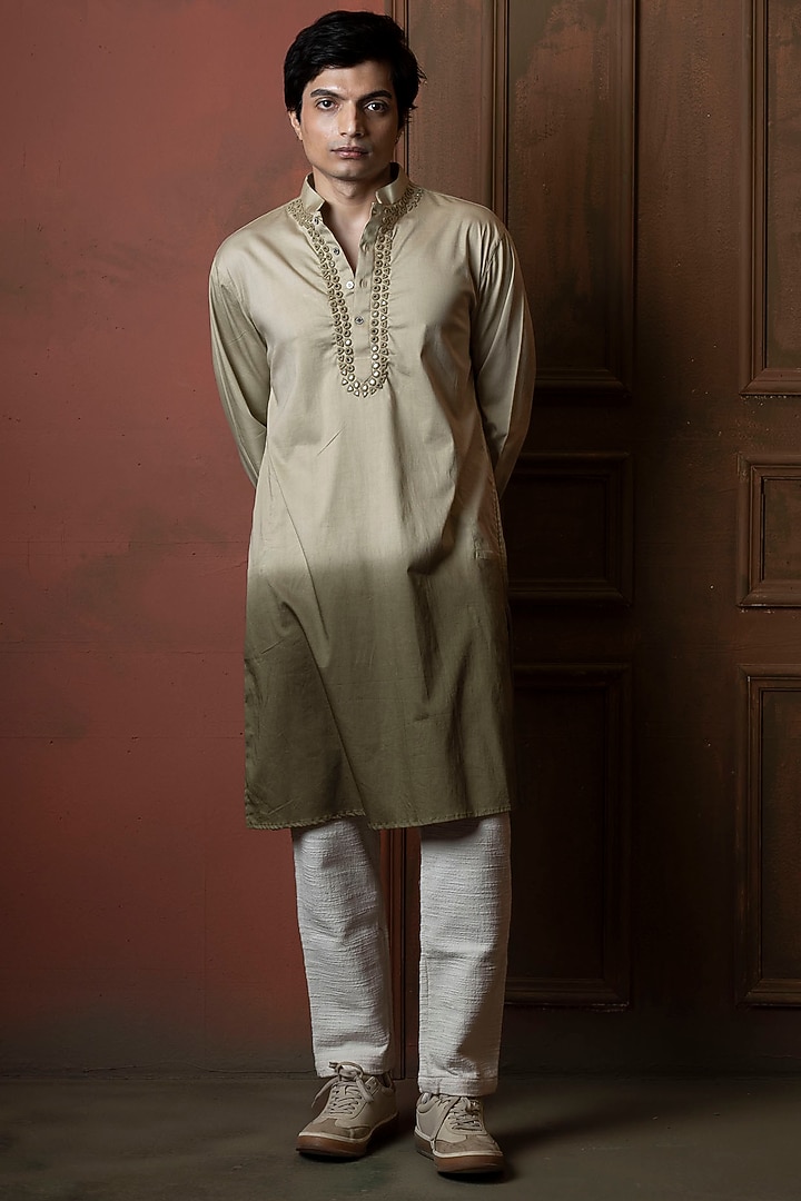 White-Sage Green Ombre Silk Blend Mirror Work Kurta by VAANI BESWAL MEN at Pernia's Pop Up Shop