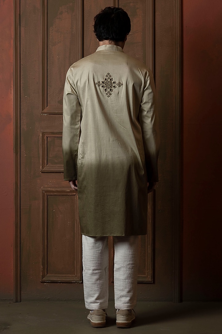 White-Sage Green Ombre Silk Blend Mirror Work Kurta by VAANI BESWAL MEN at Pernia's Pop Up Shop