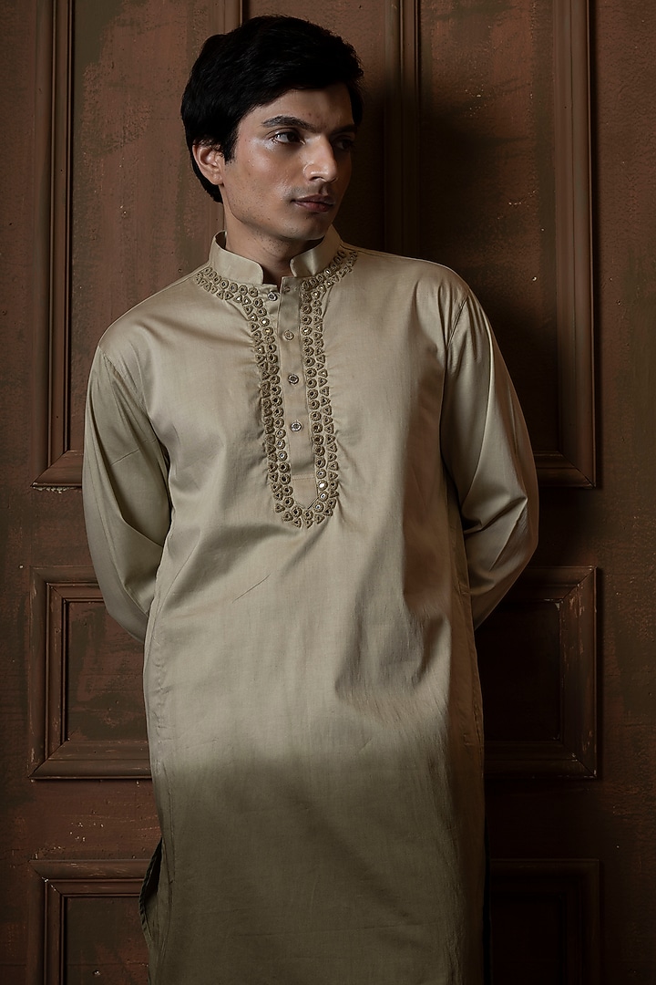 White-Sage Green Ombre Silk Blend Mirror Work Kurta by VAANI BESWAL MEN at Pernia's Pop Up Shop
