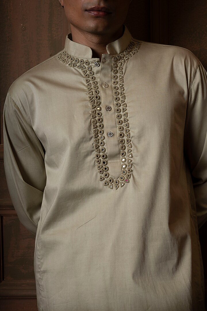 White-Sage Green Ombre Silk Blend Mirror Work Kurta by VAANI BESWAL MEN at Pernia's Pop Up Shop
