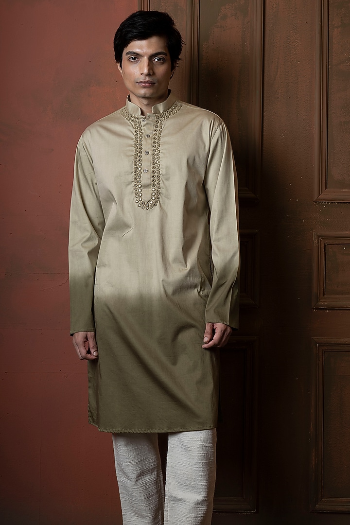 White-Sage Green Ombre Silk Blend Mirror Work Kurta by VAANI BESWAL MEN at Pernia's Pop Up Shop