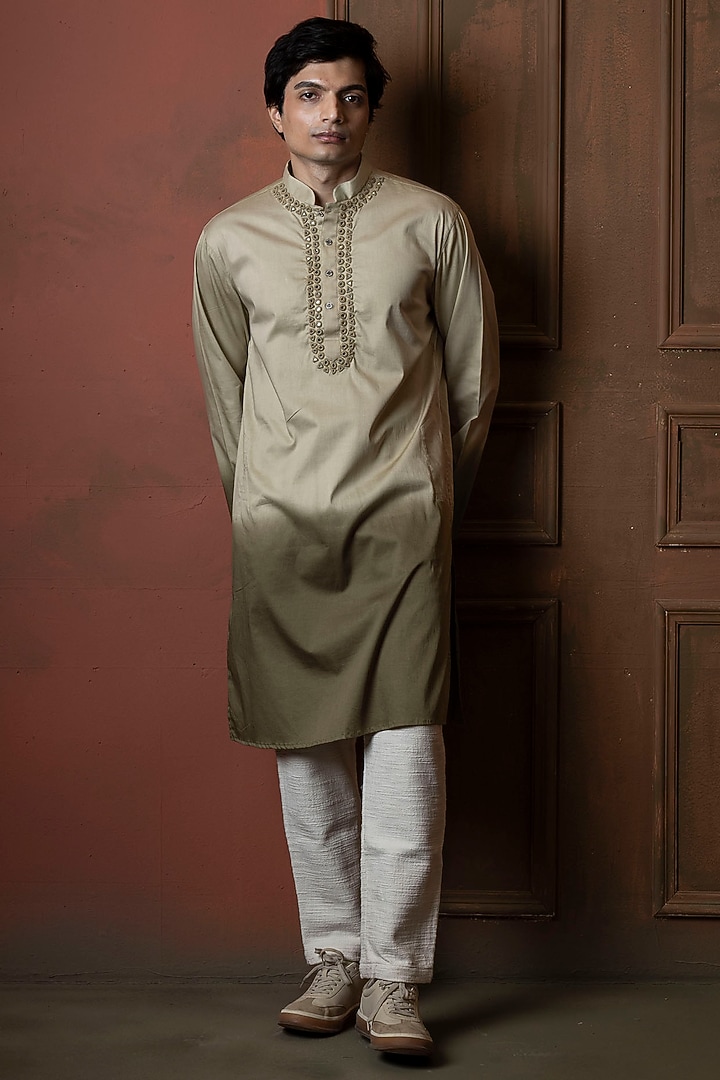 White-Sage Green Ombre Silk Blend Mirror Work Kurta by VAANI BESWAL MEN at Pernia's Pop Up Shop
