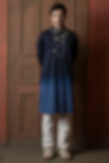 Dark Blue-Light Blue Ombre Silk Blend Mirror Work Kurta by VAANI BESWAL MEN at Pernia's Pop Up Shop