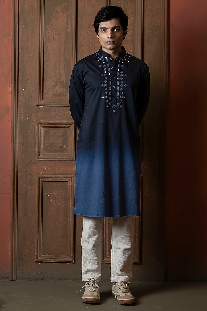 Dark Blue-Light Blue Ombre Silk Blend Mirror Work Kurta by VAANI BESWAL MEN at Pernia's Pop Up Shop