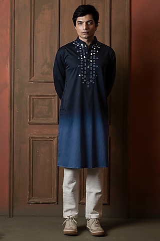 Dark Blue-Light Blue Ombre Silk Blend Mirror Work Kurta by VAANI BESWAL MEN