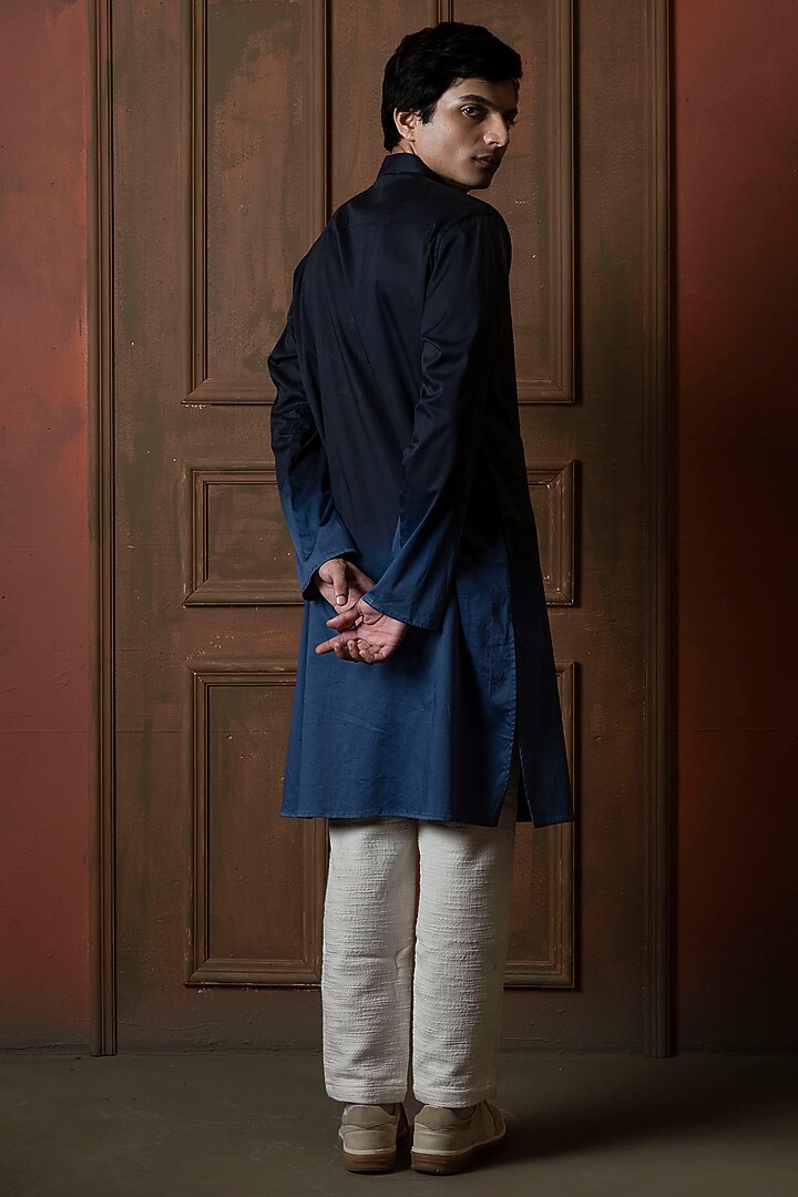 Dark Blue-Light Blue Ombre Silk Blend Mirror Work Kurta by VAANI BESWAL MEN at Pernia's Pop Up Shop