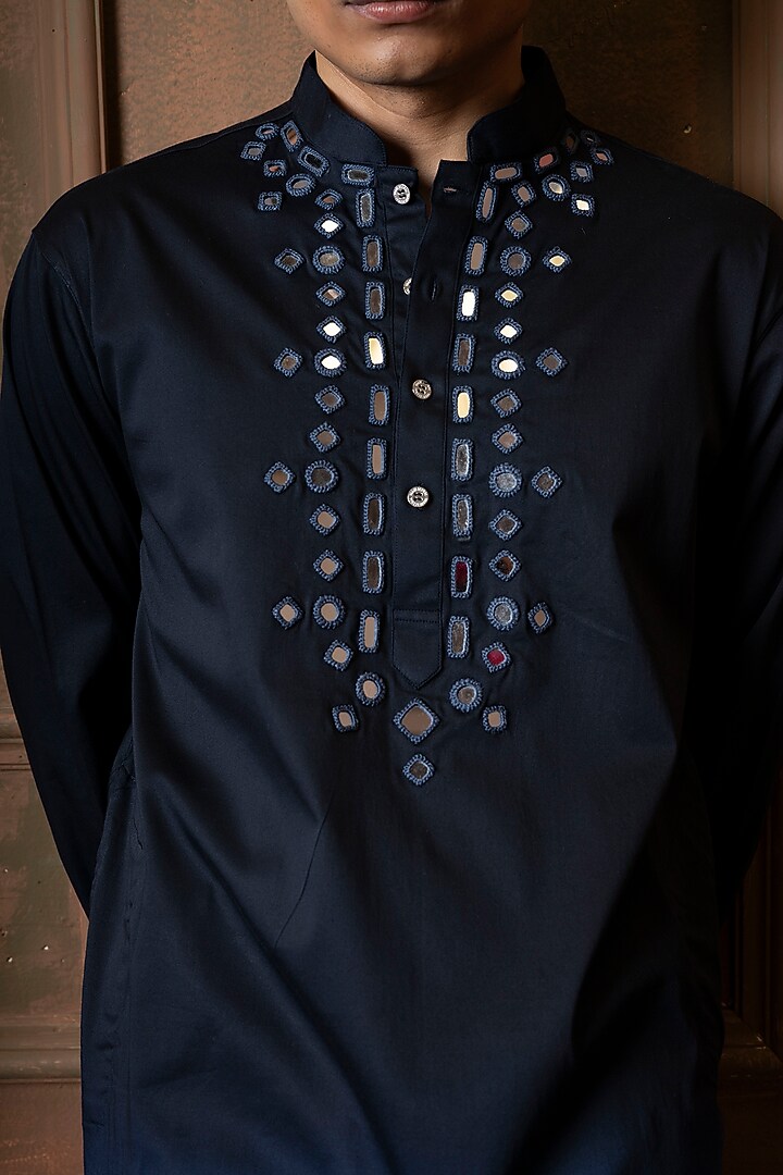 Dark Blue-Light Blue Ombre Silk Blend Mirror Work Kurta by VAANI BESWAL MEN at Pernia's Pop Up Shop