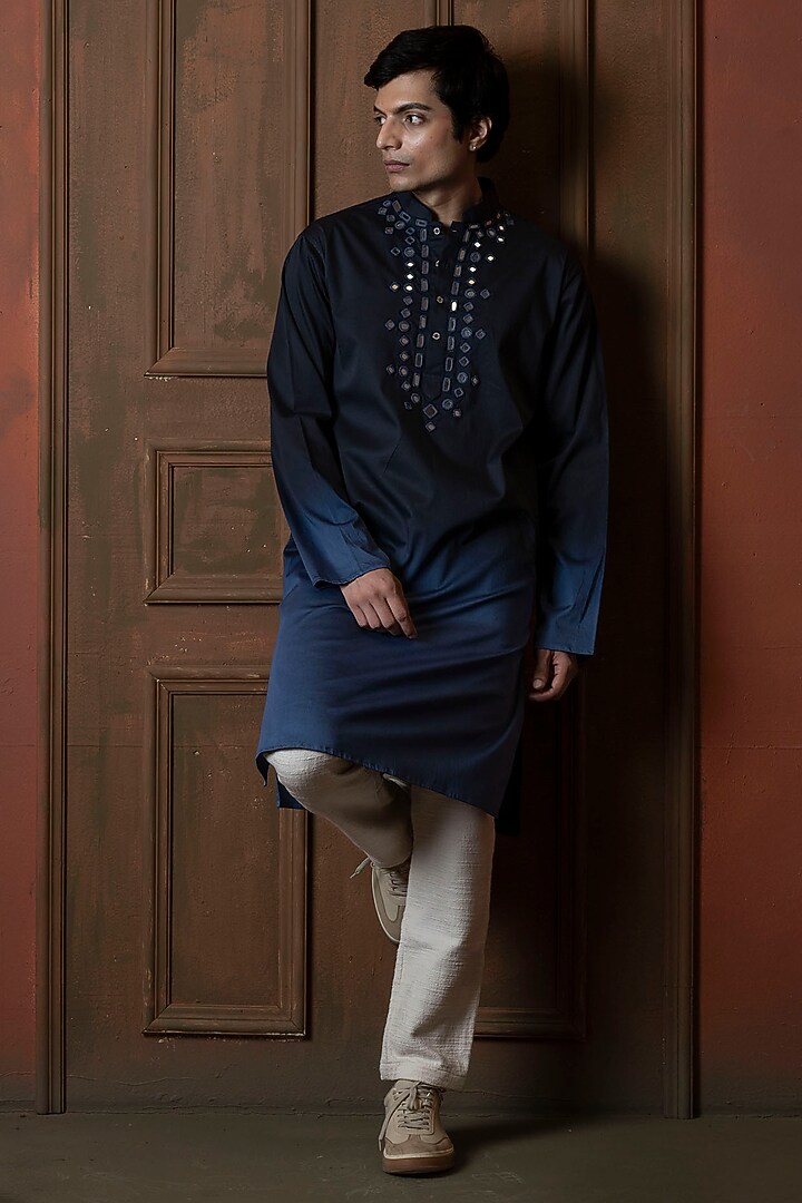 Dark Blue-Light Blue Ombre Silk Blend Mirror Work Kurta by VAANI BESWAL MEN at Pernia's Pop Up Shop