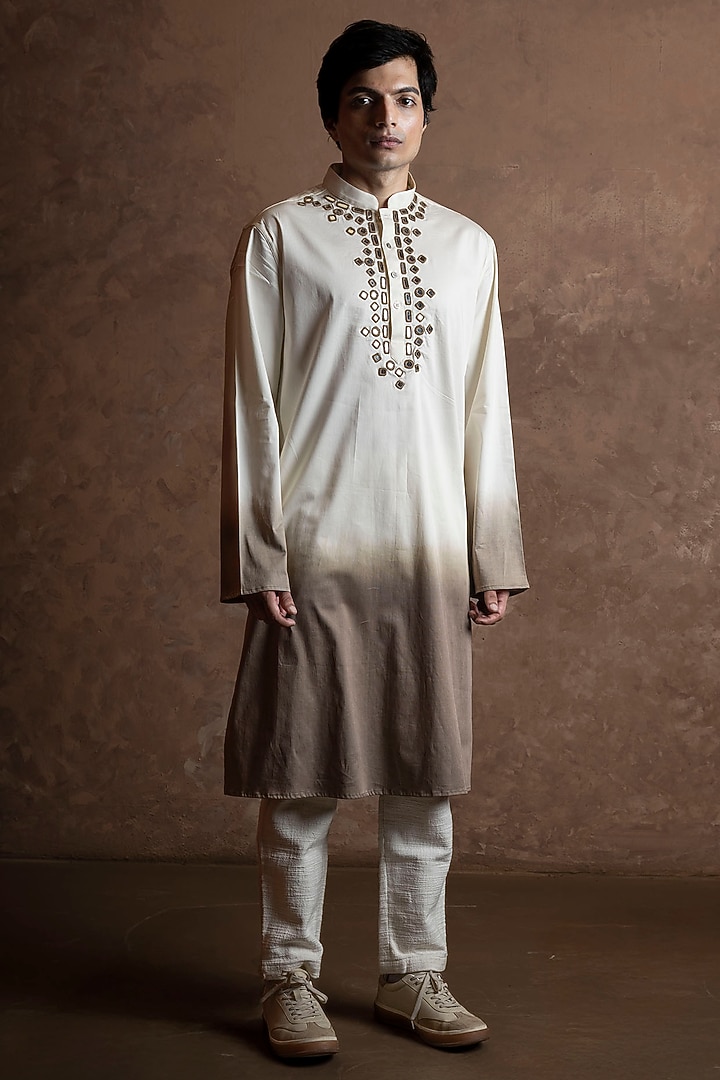 White-Sage Grey Ombre Silk Blend Mirror Work Kurta by VAANI BESWAL MEN at Pernia's Pop Up Shop