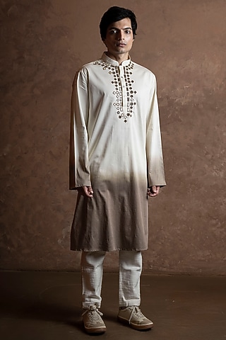 White-Sage Grey Ombre Silk Blend Mirror Work Kurta by VAANI BESWAL MEN
