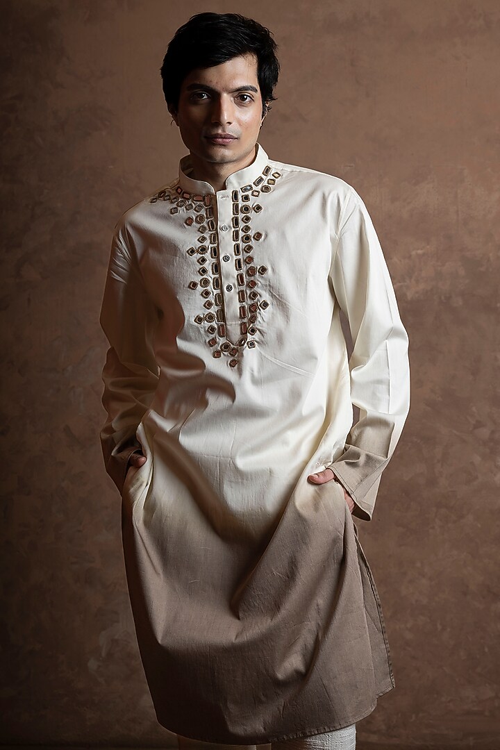 White-Sage Grey Ombre Silk Blend Mirror Work Kurta by VAANI BESWAL MEN at Pernia's Pop Up Shop