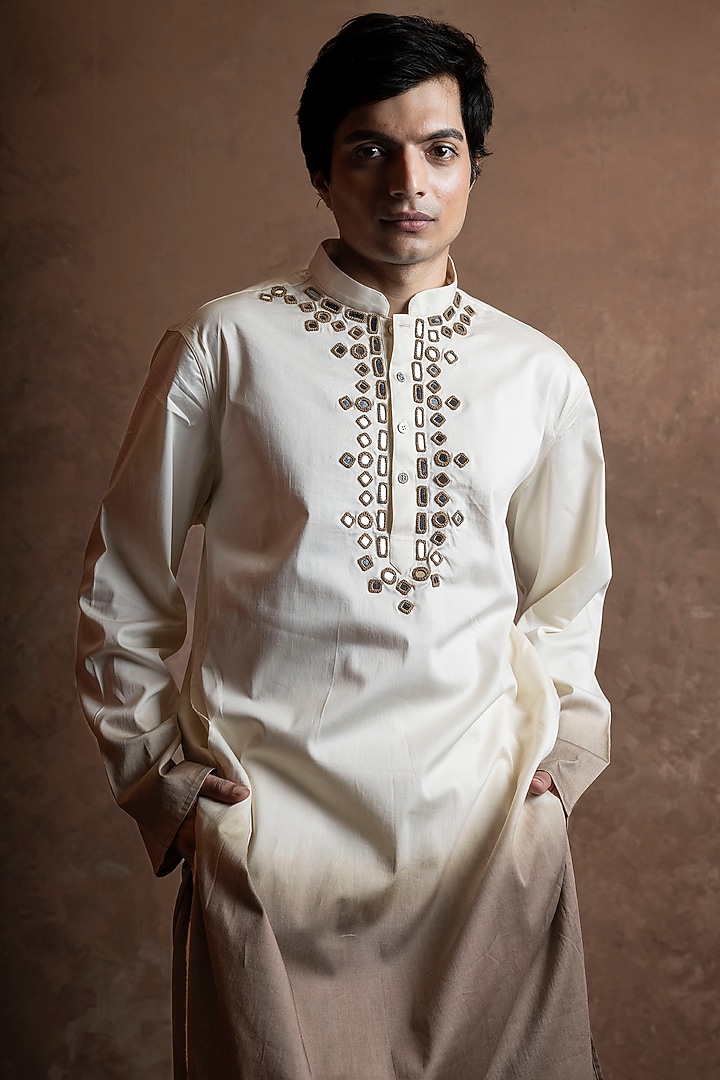 White-Sage Grey Ombre Silk Blend Mirror Work Kurta by VAANI BESWAL MEN at Pernia's Pop Up Shop