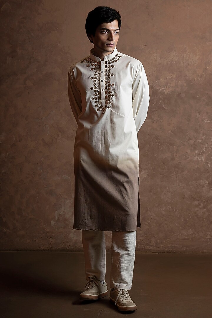 White-Sage Grey Ombre Silk Blend Mirror Work Kurta by VAANI BESWAL MEN at Pernia's Pop Up Shop