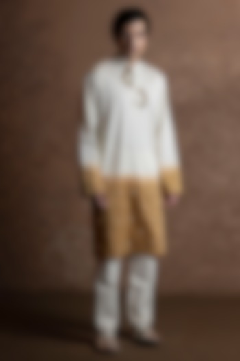White-Mustard Ombre Cotton Blend Mirror Work Kurta by VAANI BESWAL MEN at Pernia's Pop Up Shop