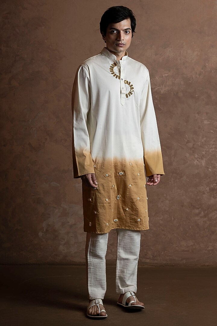 White-Mustard Ombre Cotton Blend Mirror Work Kurta by VAANI BESWAL MEN at Pernia's Pop Up Shop