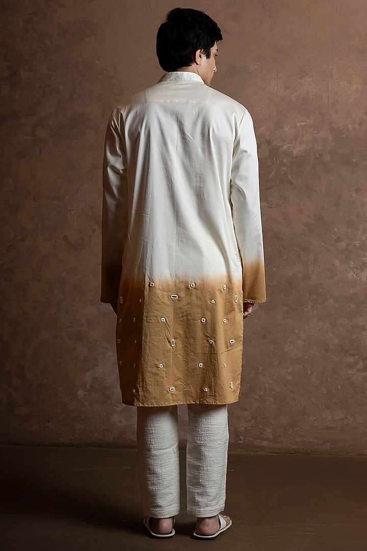White-Mustard Ombre Cotton Blend Mirror Work Kurta by VAANI BESWAL MEN at Pernia's Pop Up Shop