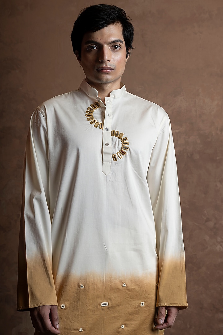 White-Mustard Ombre Cotton Blend Mirror Work Kurta by VAANI BESWAL MEN at Pernia's Pop Up Shop