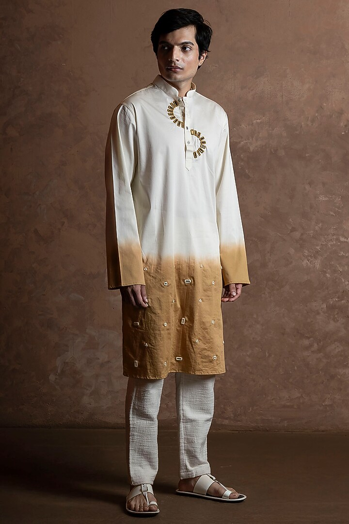 White-Mustard Ombre Cotton Blend Mirror Work Kurta by VAANI BESWAL MEN at Pernia's Pop Up Shop