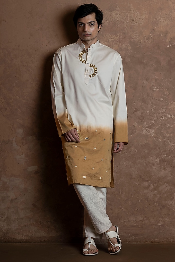 White-Mustard Ombre Cotton Blend Mirror Work Kurta by VAANI BESWAL MEN at Pernia's Pop Up Shop